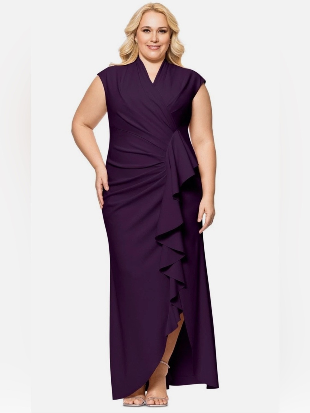 Betsy & Adam Sleeveless Plum Ruffle-Front Maxi Dress